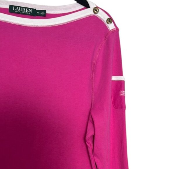 Lauren Ralph Lauren Pink Button Trim Knit Top XL Nautical Pullover - Picture 5 of 13